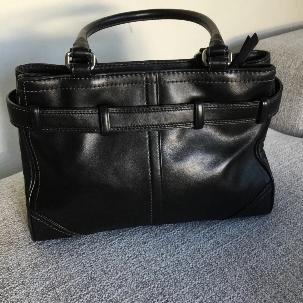 Coach Black Leather Top-Handle Satchel with Silver Hardware